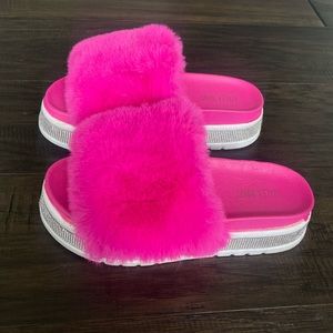Akira Azalea Wang Fur Slides Rhinestones Platforms